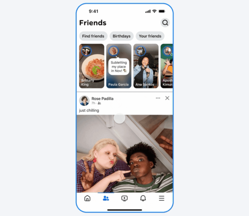 A screenshot taken from a promotional GIF shared by Facebook shows what the new version of the Friends tab looks like. At the top are three buttons: Find friends, Birthdays, Your friends. Below this are reels from friends. And the rest of the page is a feed of posts from friends.