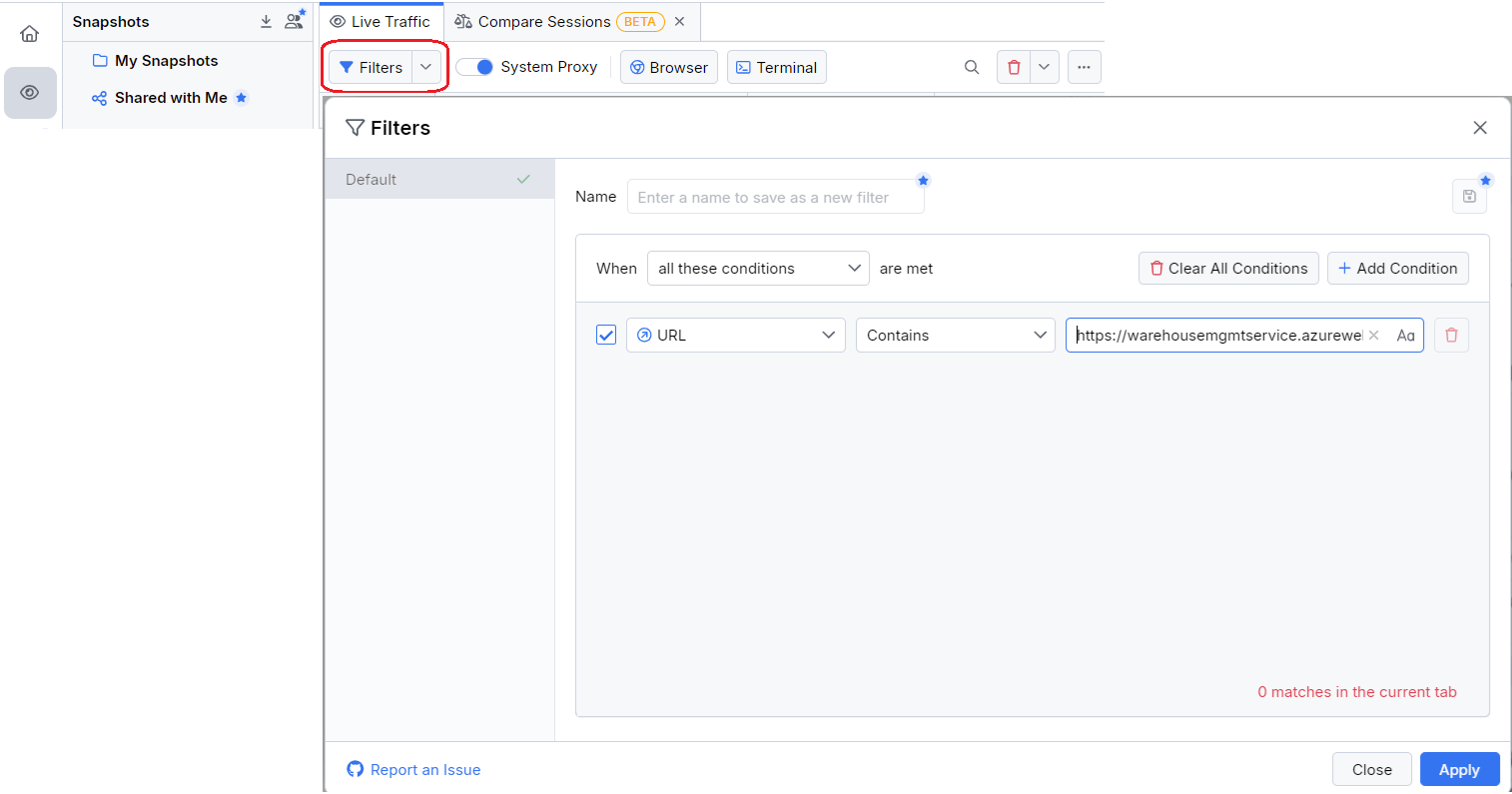 The Filters dialog with a single filter, shown as a row with three textboxes. The text box on the left in the filter set to “URL”, the middle textbox is set to “Contains” and the last textbox is set to a URL.