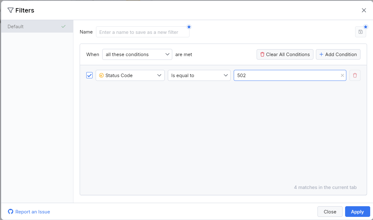 The Filters dialog again, with a single filter. The text box on the left in the filter set to “Status Code”, the middle textbox is set to “is equal to”, and last text box is set to “502”