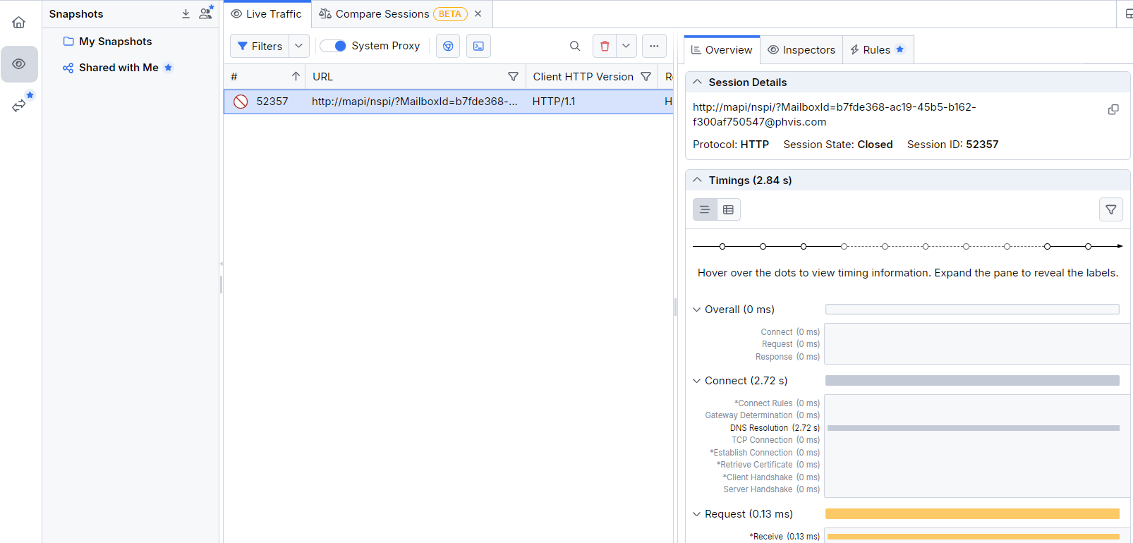 The Fiddler message list showing a single, selected message