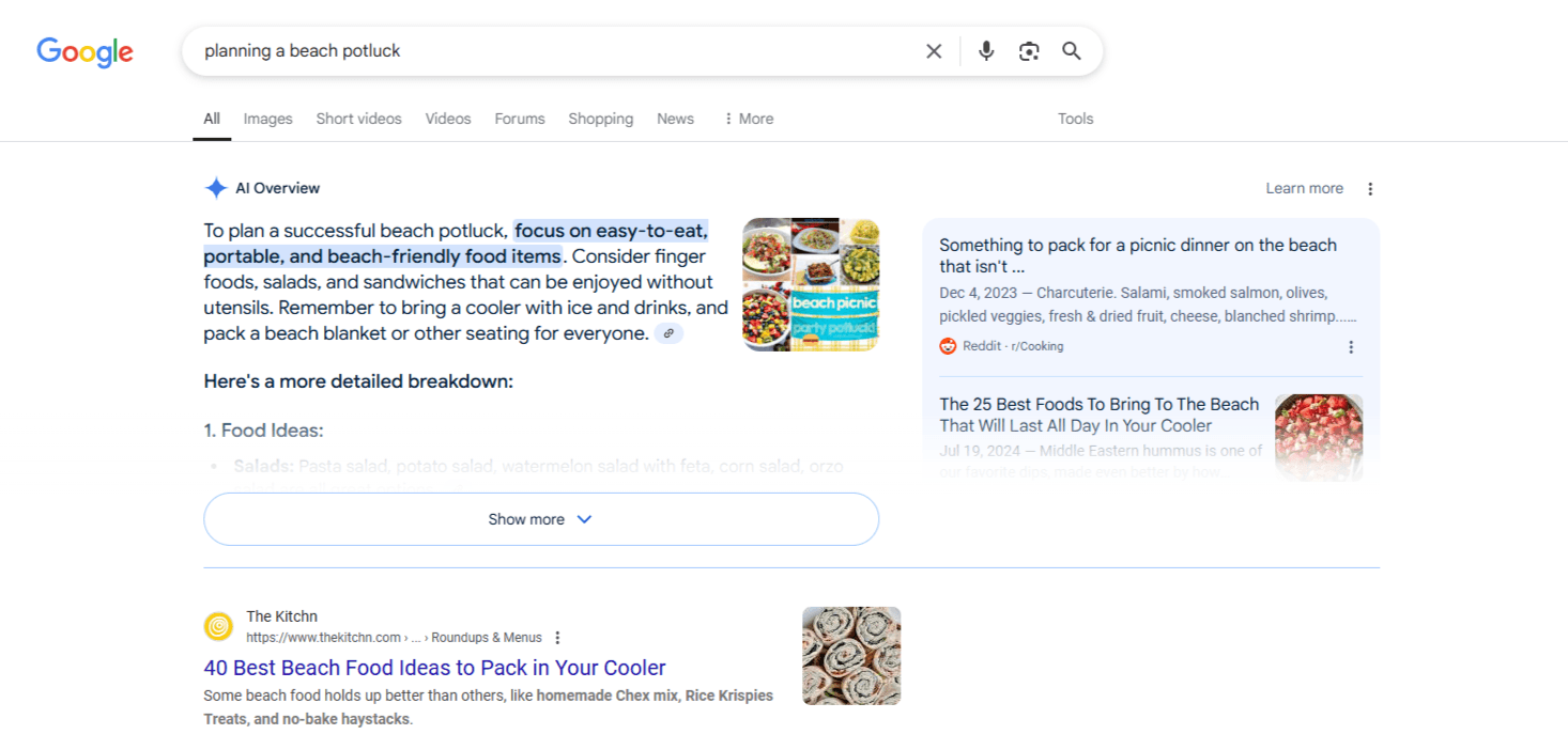 A Google search for “planning a beach potluck”. At the top of the search results is an AI Overview that summarizes tips on what kinds of food and supplies to bring. To the right of the overview appears a preview of the sources the information came from.
