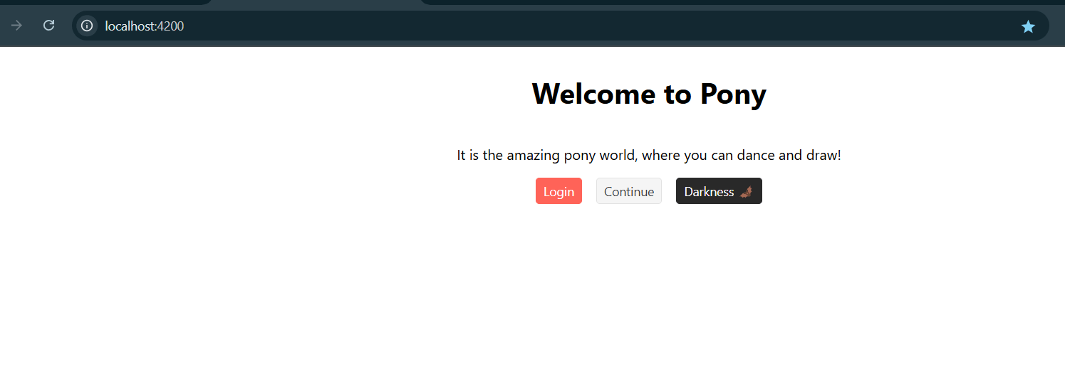 Welcome to Pony app with standard looking primary, default and dark buttons