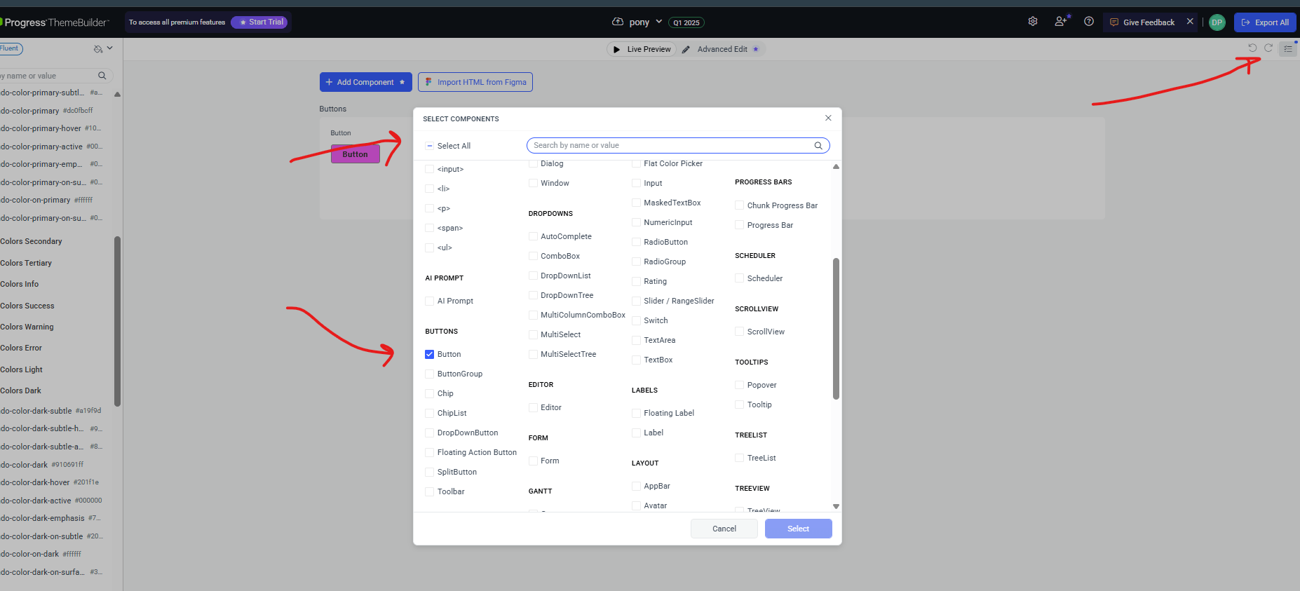 Button selected in component list
