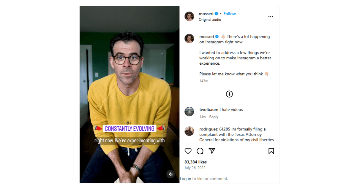 A screenshot of the video that Instagram chief Adam Mosseri posted to his account. In it, he says that Instagram is “CONSTANTLY EVOLVING”..