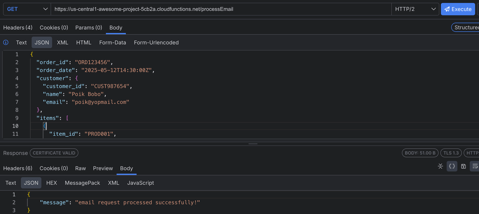Testing processOrder locally on Fiddler