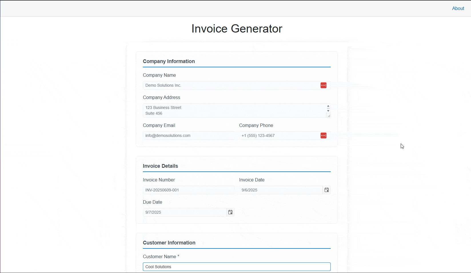 A customer form page demonstrating the functionality of various Telerik UI controls