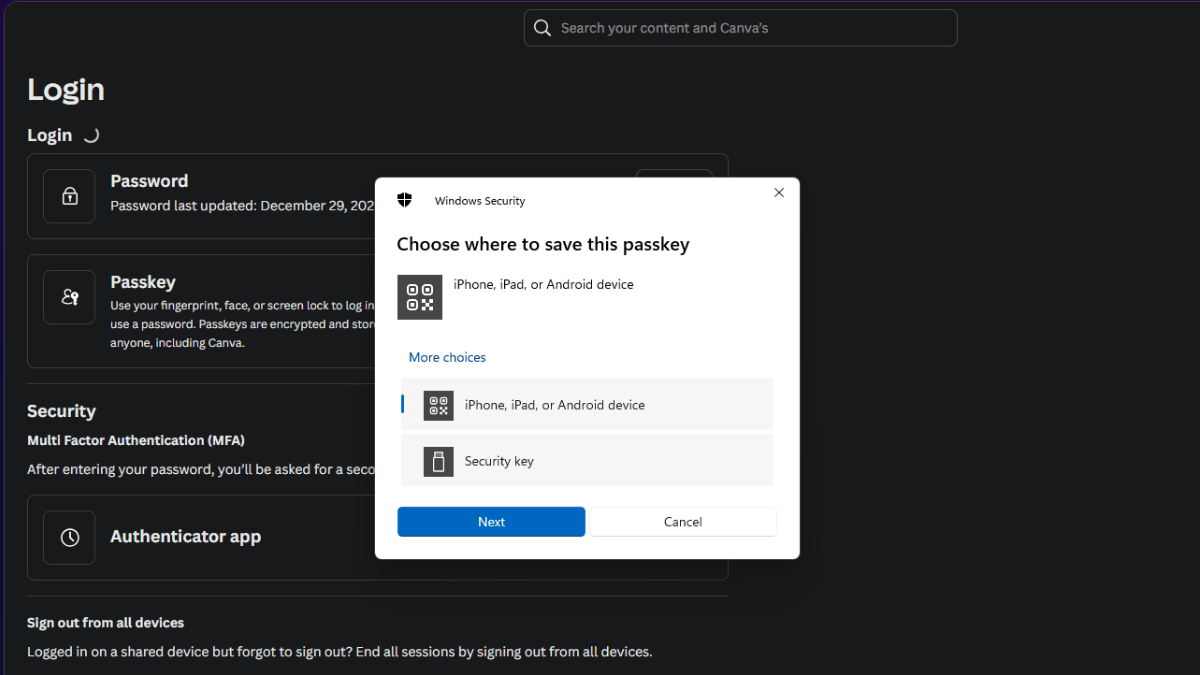 Canva users are able to set up a Passkey in addition to a password for their accounts. In this screenshot, we see that they are asked where they’d like to save the passkey: iPhone, iPad, or Android device is one option. The other is a physical Security key.