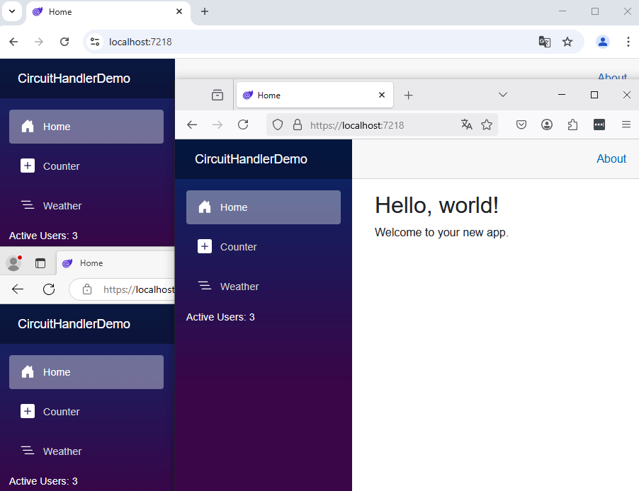 Three browser windows showing the application with the up-to-date text 'Active Users: 3'.