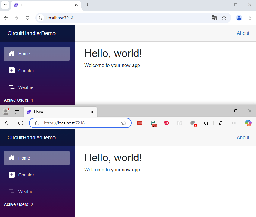 Two browser windows showing the application with the text 'Active Users: 1' and 'Active Users: 2'