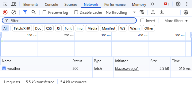 The browser's developer tools showing a fetch request as the result of a page navigation using Enhanced Navigation in a Blazor Web App.