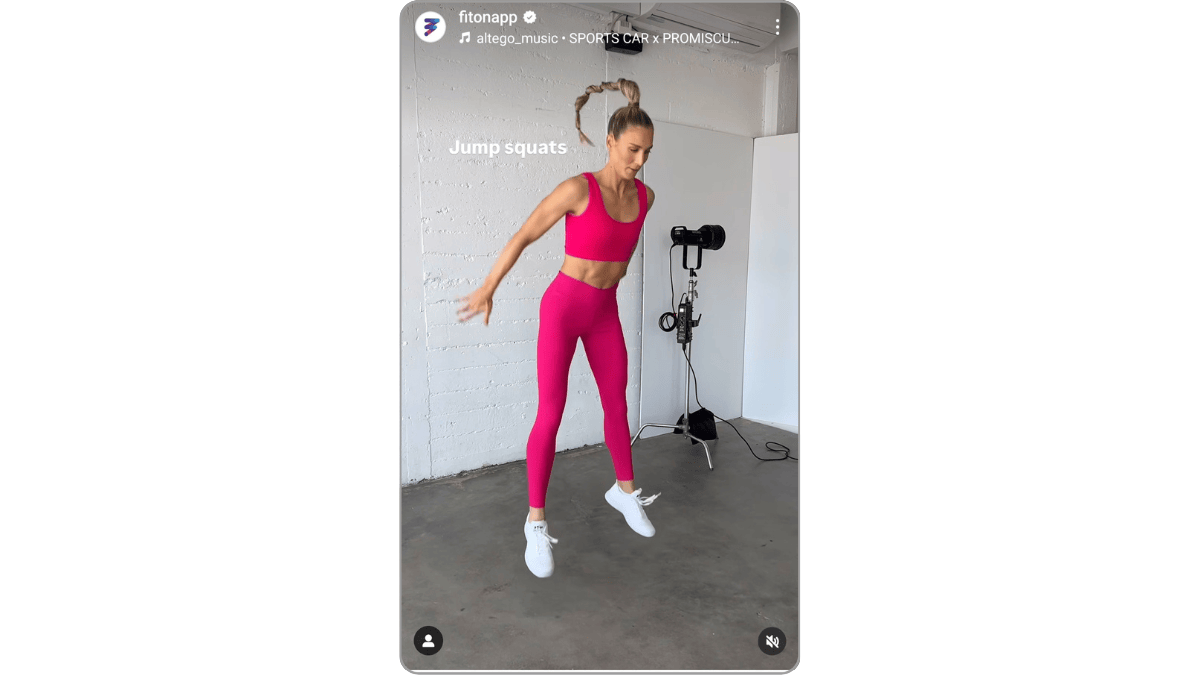 In this screenshot, we see a fitness trainer from the FitOn app demonstrating Jump squats as part of a workout set.