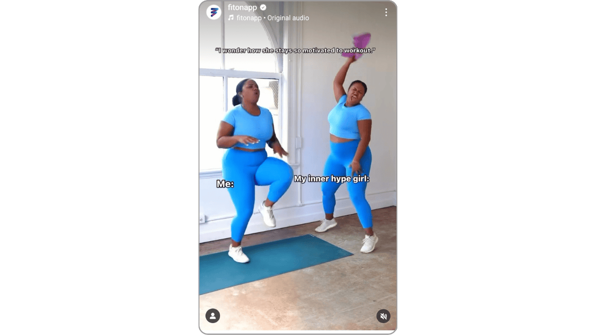 A funny video on the @fitonapp Instagram page shows a fitness trainer doing knee lifts on one side “Me” and on the other side dancing and cheering her on “My inner hype girl”.