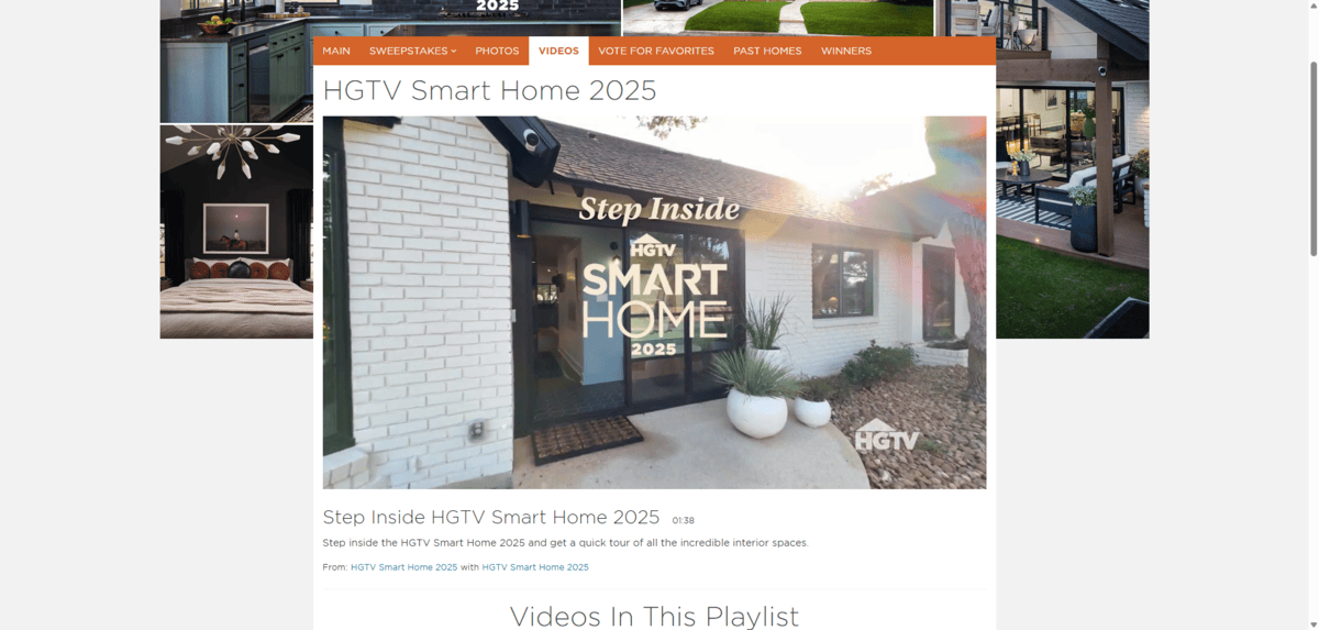 A screenshot of the HGTV Smart Home 2025 video. We get a look at the outside of the house while the title on top of the video invites viewers to “Step Inside”.