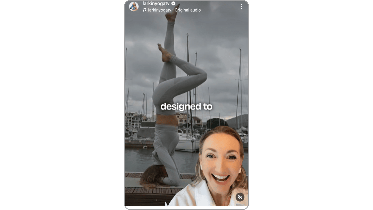 A video from Brett Larkin’s Instagram page shows her in the foreground explaining why she no longer does certain poses, as demonstrated by video in the background.