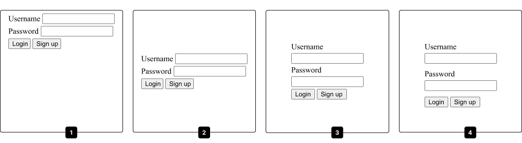 Four stages of login form layout showing placement improvements