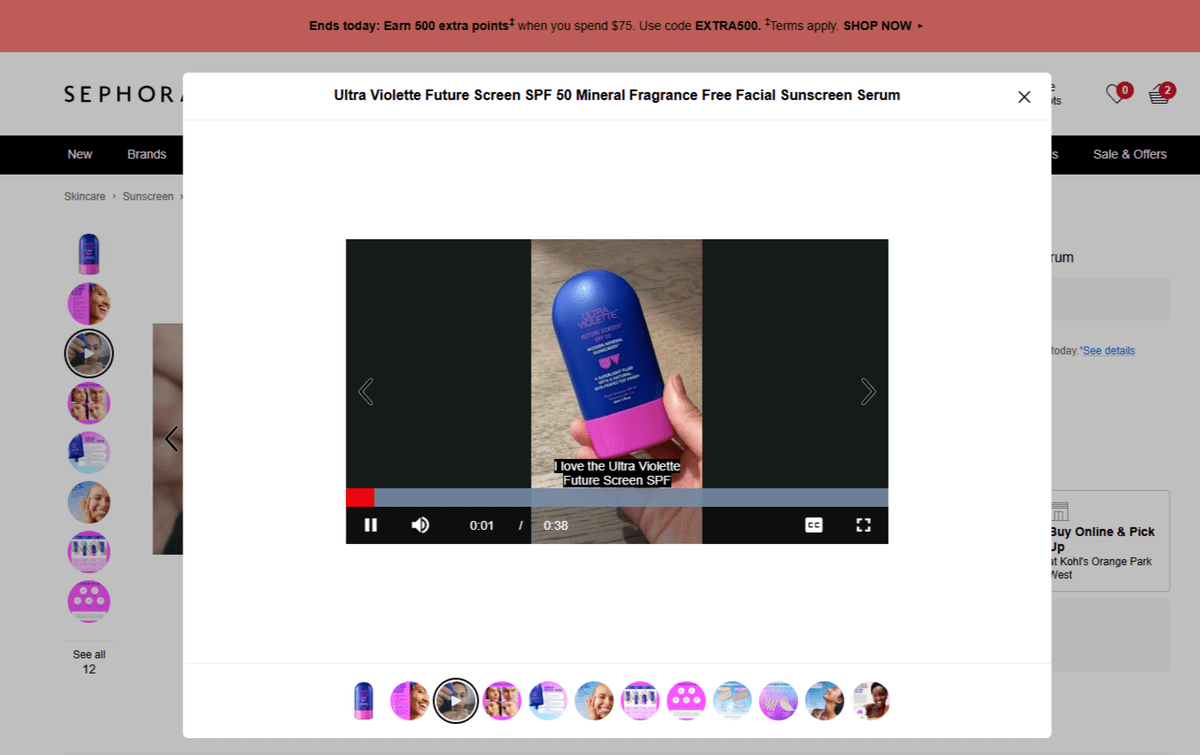 On the Sephora product page for Ultra Violette Future Screen SPF 50, there’s a 36-second video where a user reviews the product. As it plays, closed captions appear so that users aren’t dependent on audio to understand what’s being said.