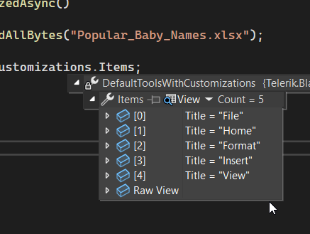 Standard Toolset Names Used in Telerik Spreadsheet