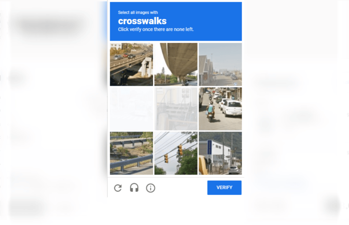 A grid of 9 images appears. At the top, the prompt says “Select all images with crosswalks. Click verify once there are none left”.