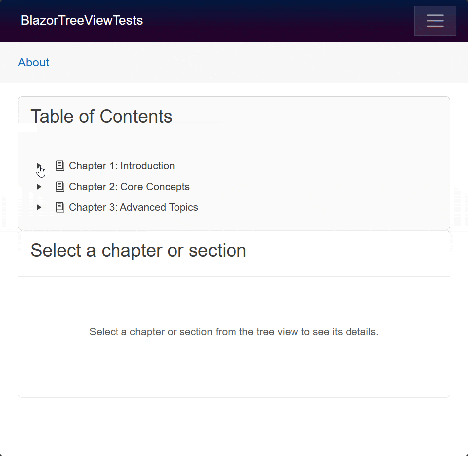 The content of the corresponding page is displayed upon selecting an item in the TreeView