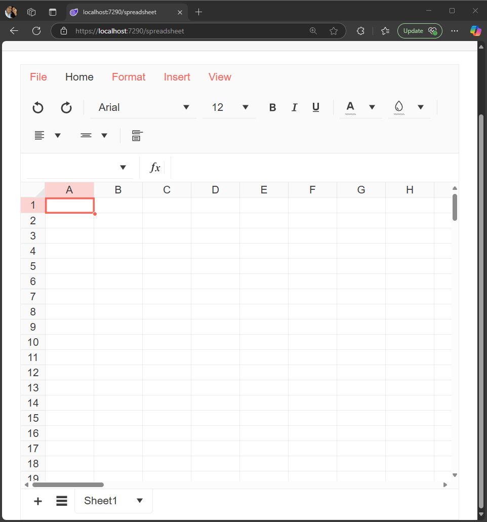 The Spreadsheet component displays an Excel-like interface within a Blazor page