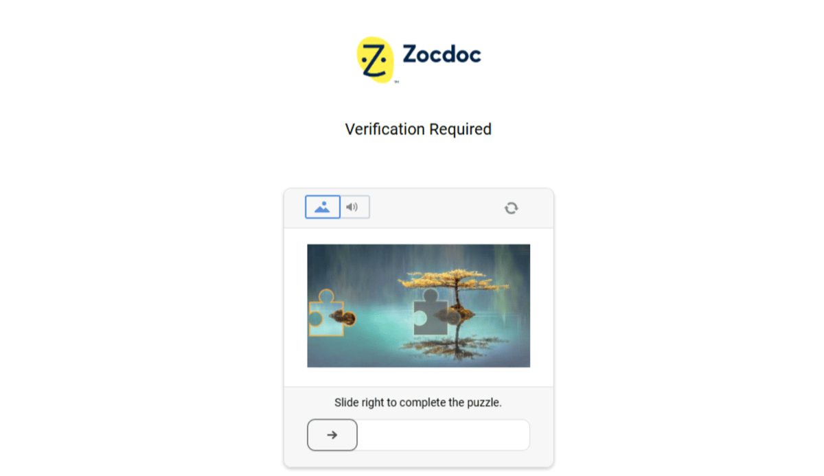 Zocdoc shows users an image with two puzzle pieces. The user must drag the puzzle piece containing an image into the matching empty puzzle piece on the right.