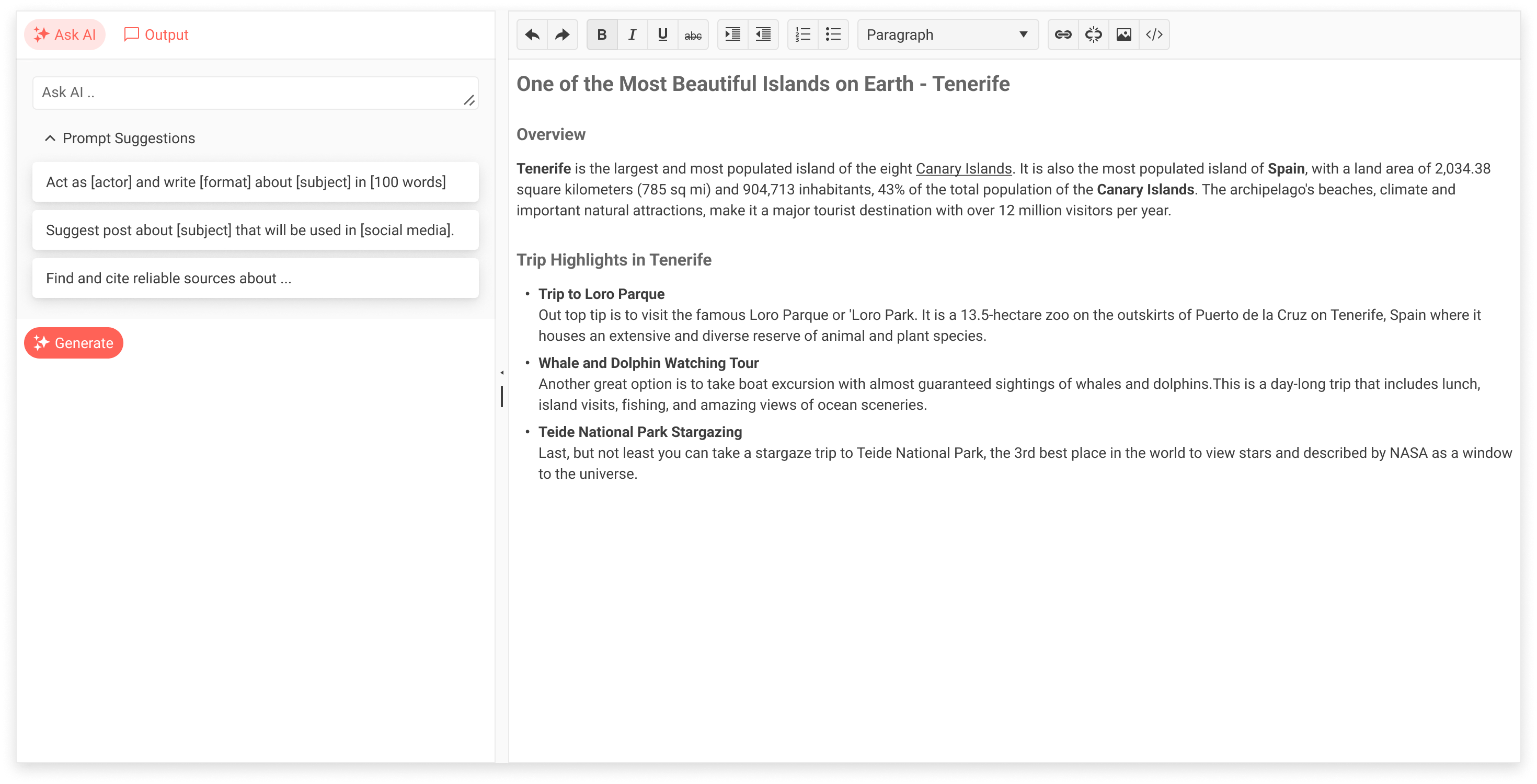 AI-powered editor with content in it