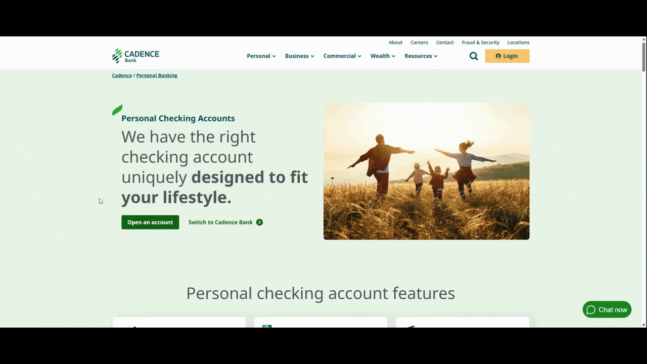 In this video, we scroll down the Personal Banking page for Cadence Bank. Although there appear to be lots of buttons on the page, the vast majority of them direct visitors to “Open account”.