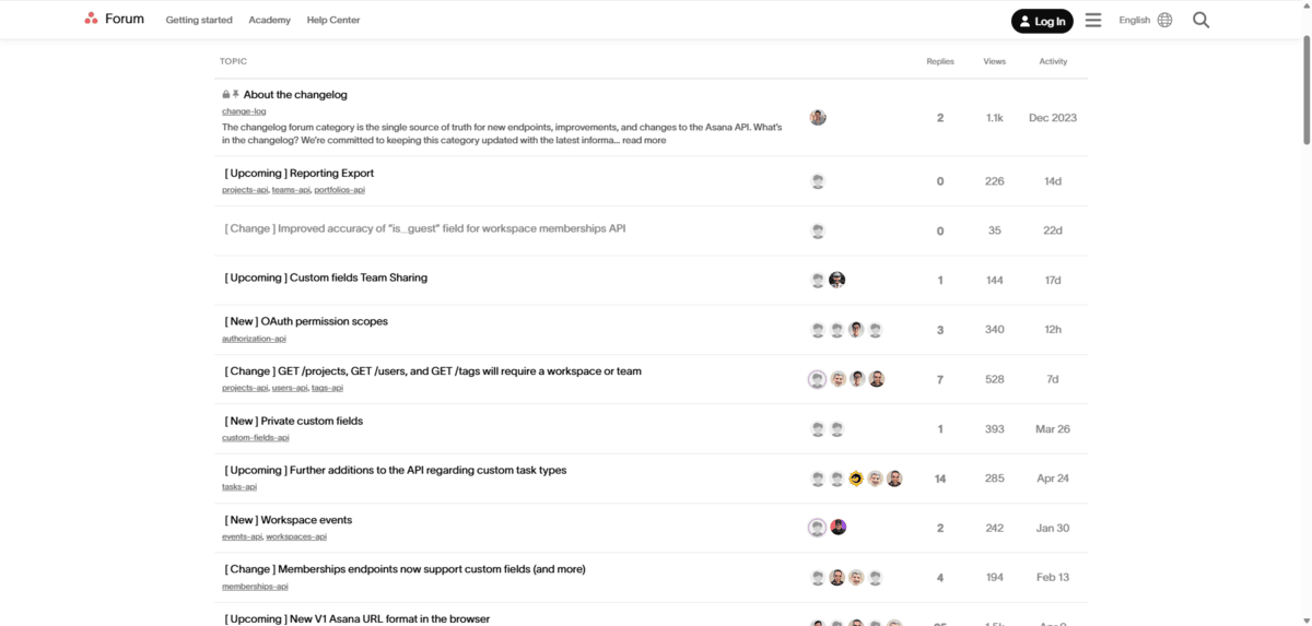 A screenshot of the Asana developer forum, which is where the changelog lives. Each entry in the forum documents the type of change and a short description of the change. Users can click on each to discover the specifics.