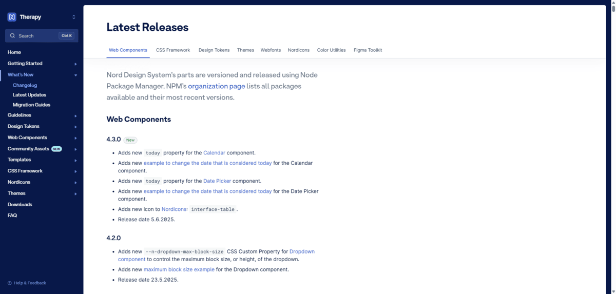 A screenshot of the Nord Design System changelog. Here we see what the Web Components tab looks like. Starting with version 4.3.0, there are a number of “Adds” changes following by the “Release date 5.6.2025”.