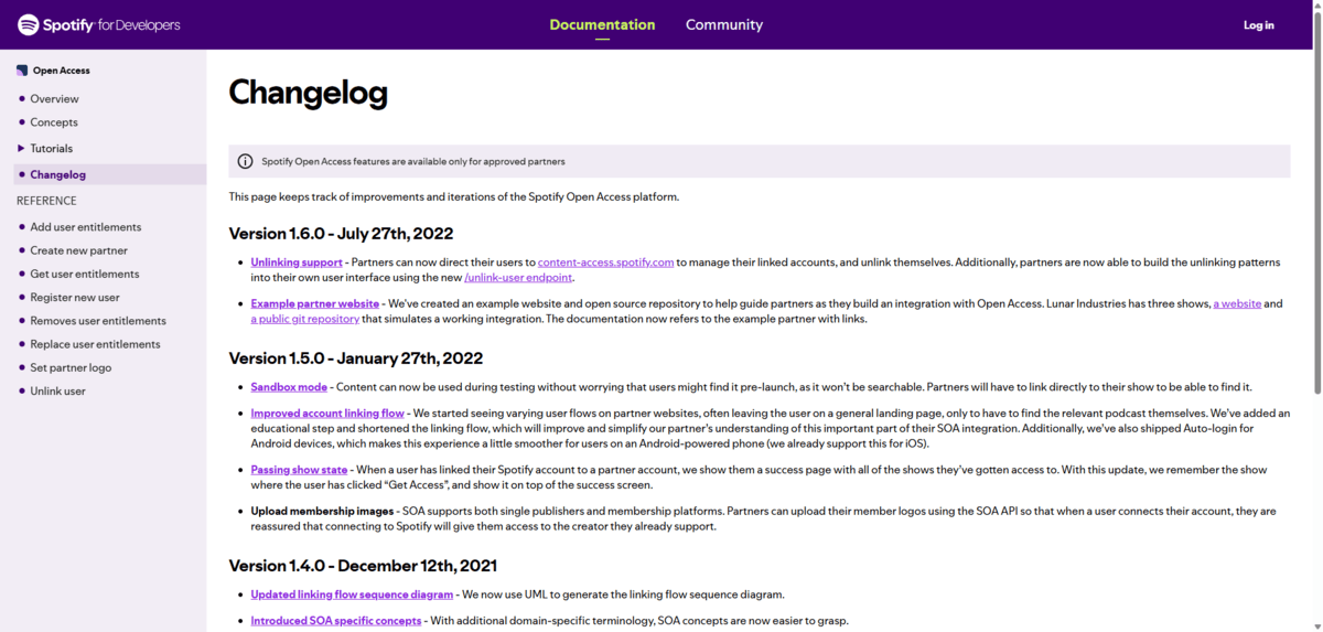 A screenshot of the Spotify for Developers changelog. Each version has a unique number and release date is in big, bold lettering. Each change is listed as a bulletpoint beneath the version with a brief description and a purple hyperlink to more information.