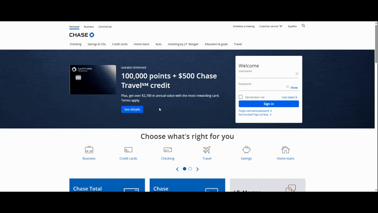 In this video, we see a user hover over numerous buttons on the Chase website home page. The only button that responds to hover is the “See details” button in the hover section. There’s a slight color change from light blue to dark blue.
