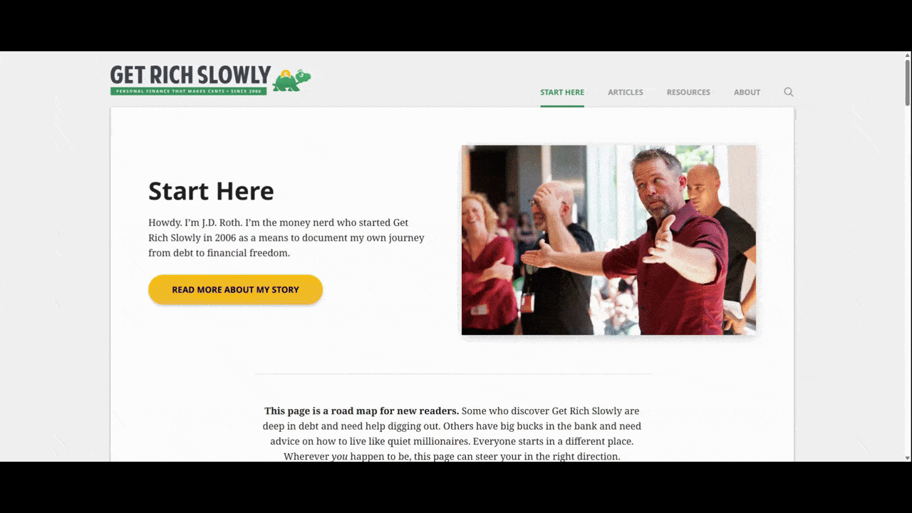 In this video, we scroll down the Start Here page on the Get Rich Slowly website. We see that each section contains at least 3 hyperlinks within it.