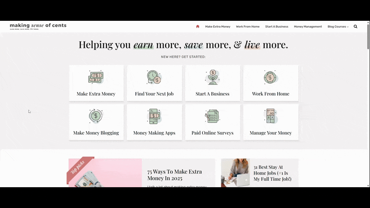 A video from the home page of the Making Sense of Cents website. We look at how hovering over different buttons looks. Most buttons turn the text from black to orange. However, 8 white boxes at the top of the page with light green and red icons animate upon hover.