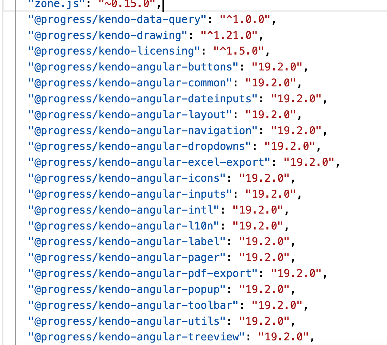 Kendo UI for Angular packages in the package.json