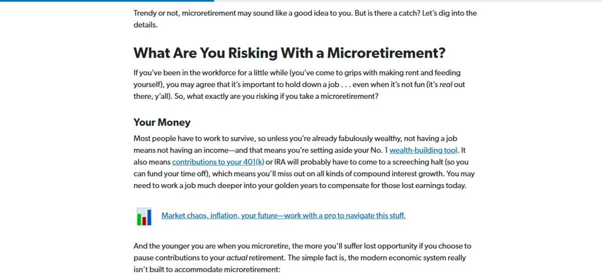In this microretirement blog post from Ramsey Solutions, we see three blue, underlined hyperlinks amongst the black text.