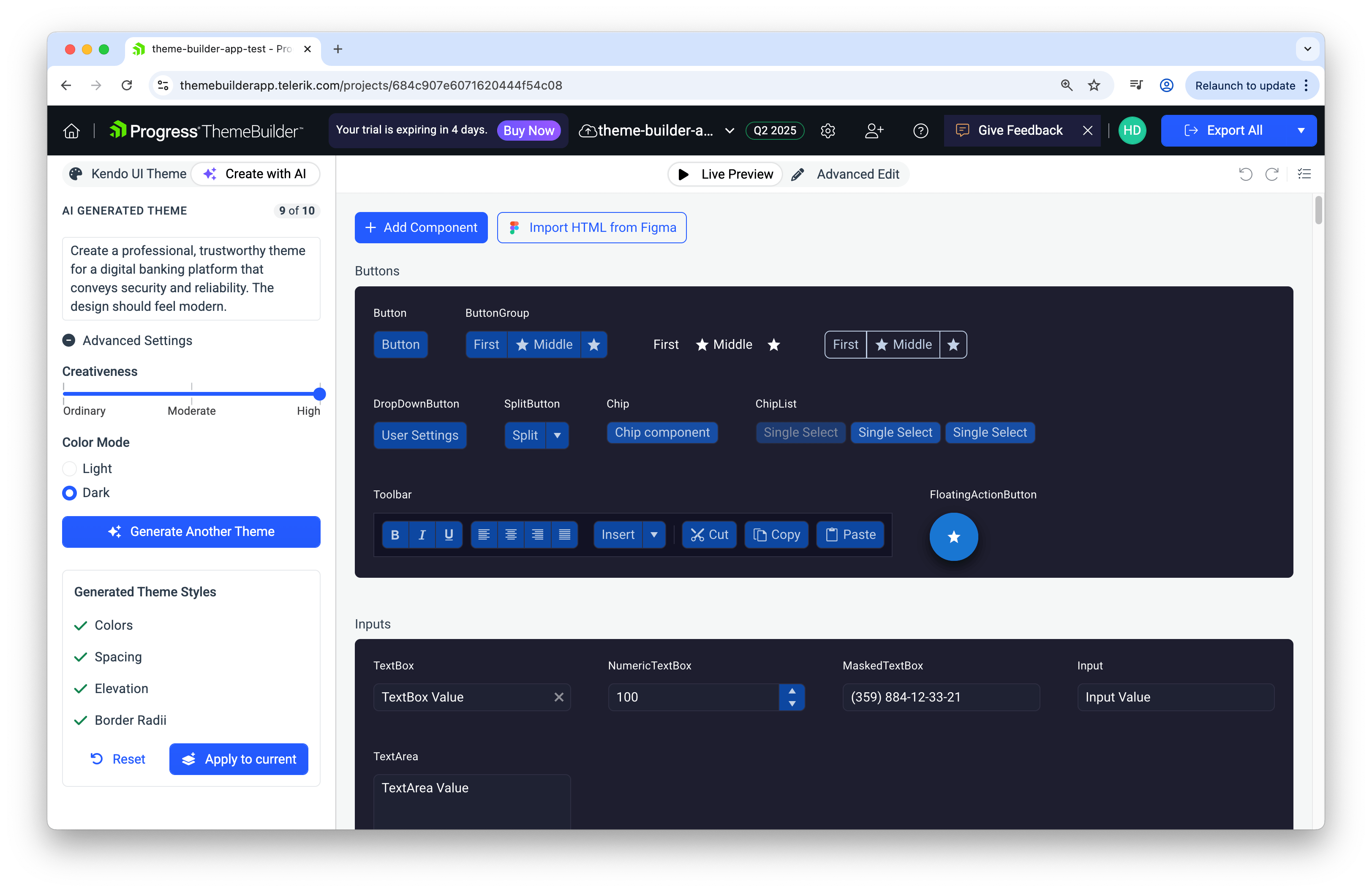ThemeBuilder banking dark