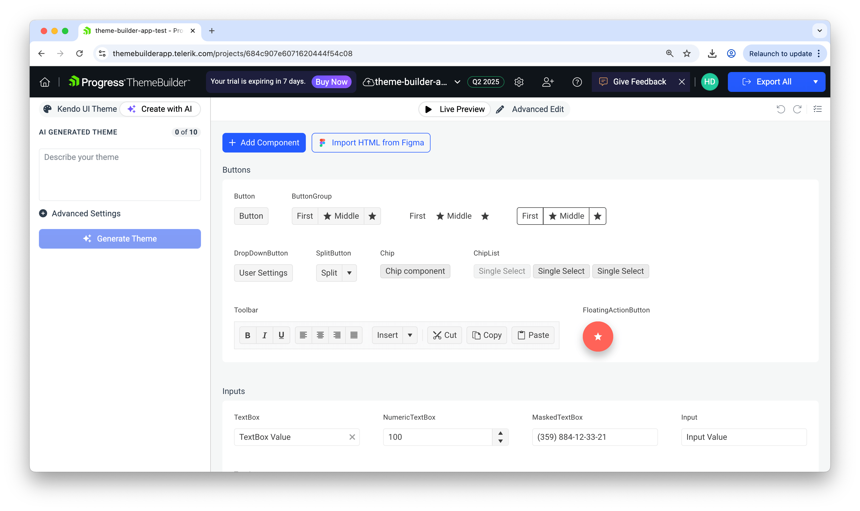 ThemeBuilder create with AI panel