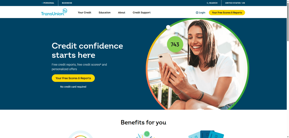 A screenshot of the hero section on the TransUnion home page. We see a header that reads “Credit confidence starts here”. Beneath the description is a big yellow button that reads “Your Free Scores & Reports”.