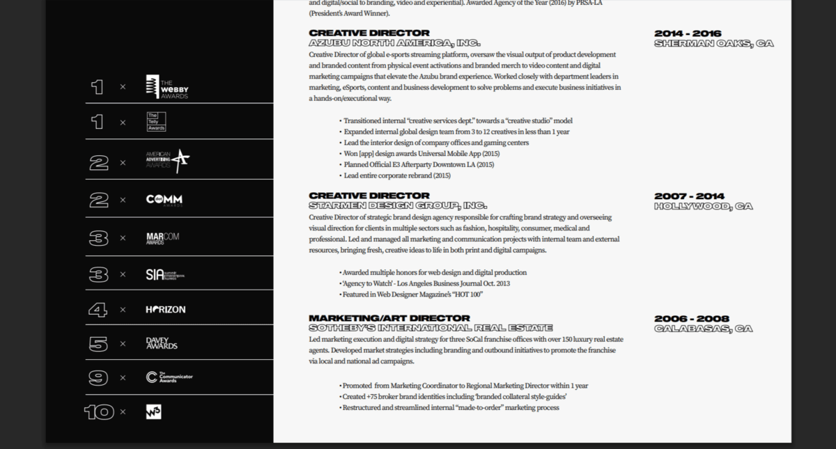 A close-up look at the PDF resume for Anthony Wiktor. In the bottom-left corner is a list of awards. Along the left column are numbers showing how many times he’s won each award. In the right column are logos for the awards, like The Webby Awards and MarCom Awards.