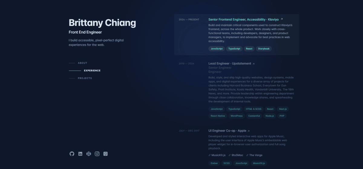 In this screenshot of the resume page for Brittany Chiang, we see the Experience section. The user is hovering over the entry for “Senior Frontend Engineer, Accessibility” at Klaviyo. This highlights the job while the others fade into the dark color scheme.