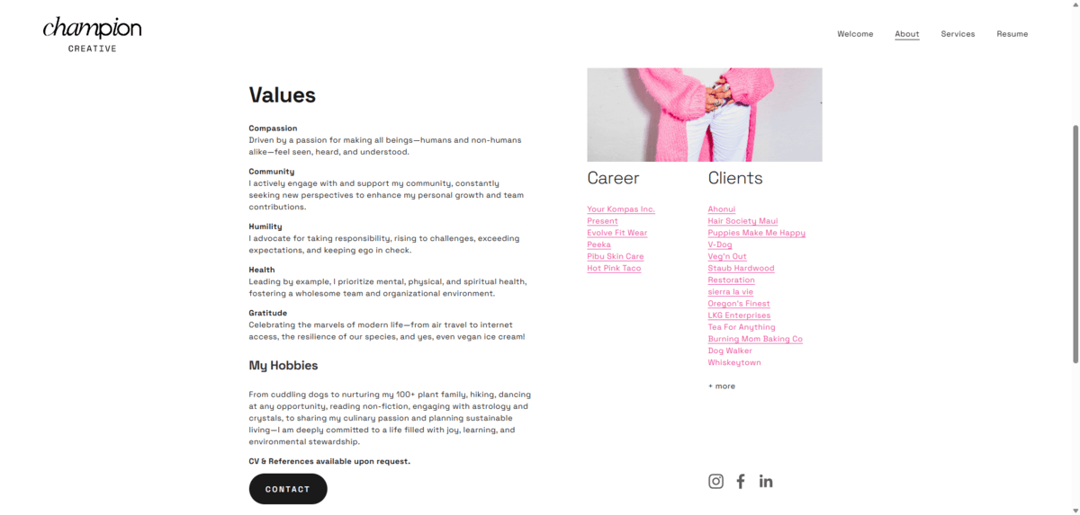 The About page for Champion Creative lists five values: Compassion, Community, Humility, Health, and Gratitude.