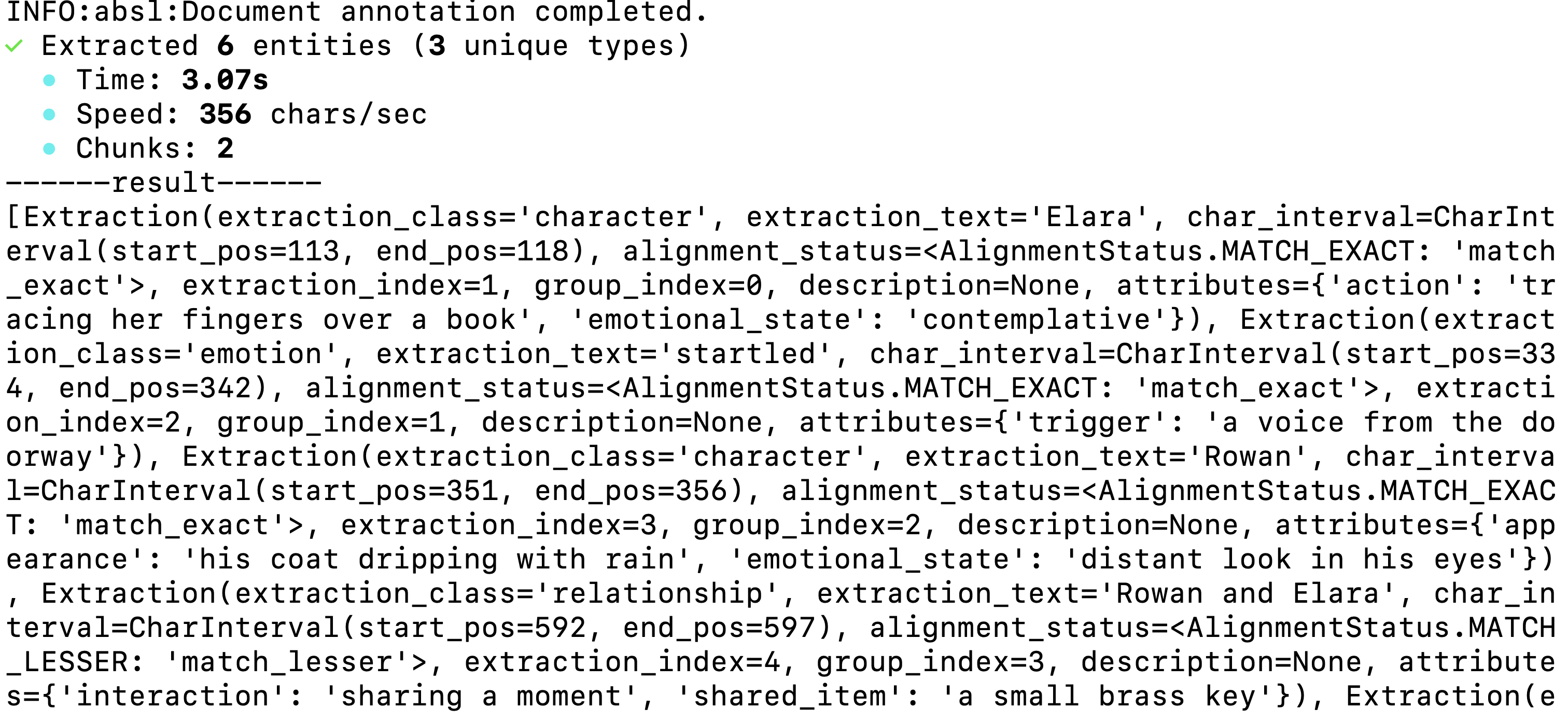 Info: absl:Document annotation completed. Then lists Time, speed, chunks, result.