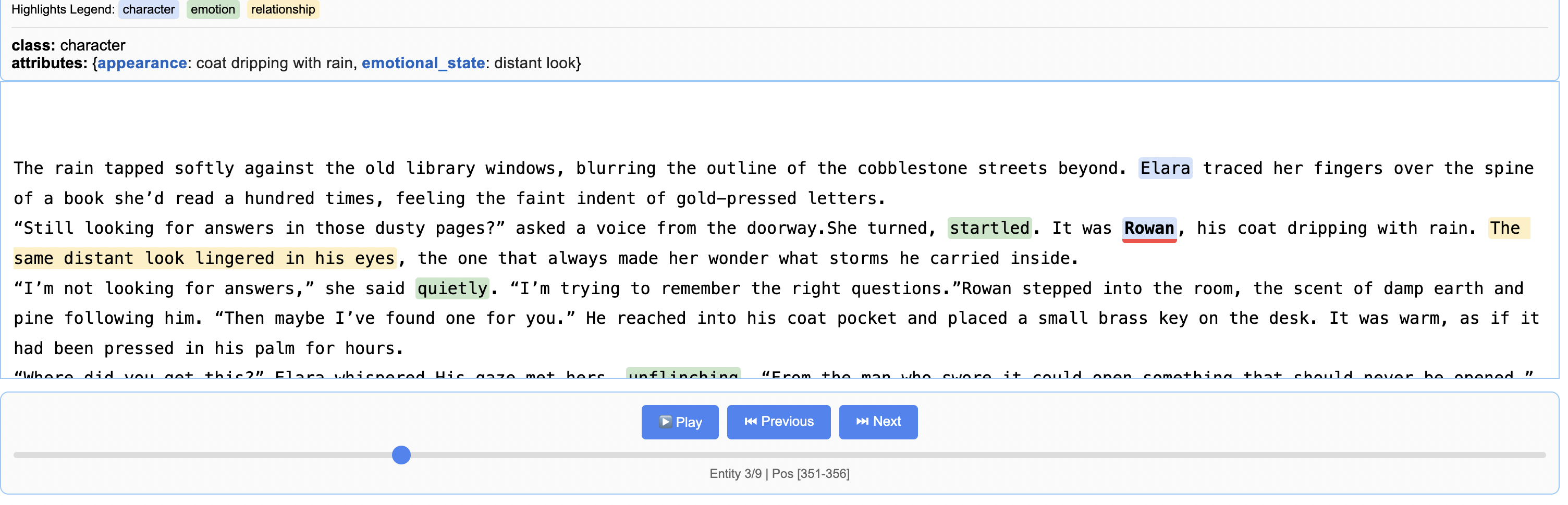 HTML visualization of the extraction highilghts characters, attributes