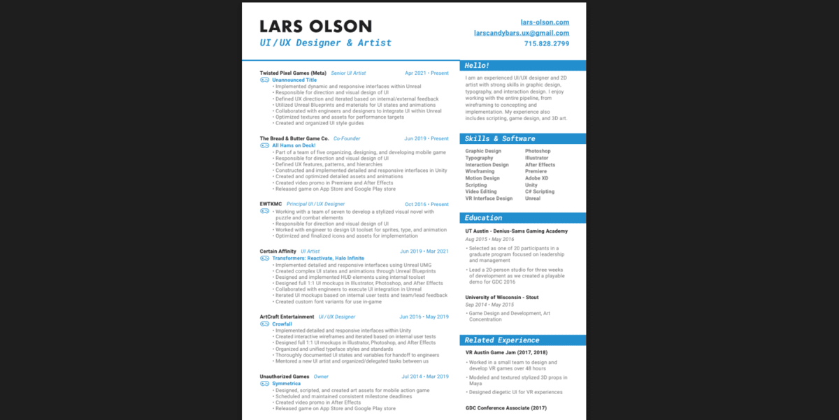 The PDF resume of Lars Olson. Using a traditional resume format, Olson’s work history takes up about ⅔ of the page and is laid out in reverse chronological order on the left side. Along the right sidebar, there are sections for: Hello!, Skills & Software, Education, and Related Experience.