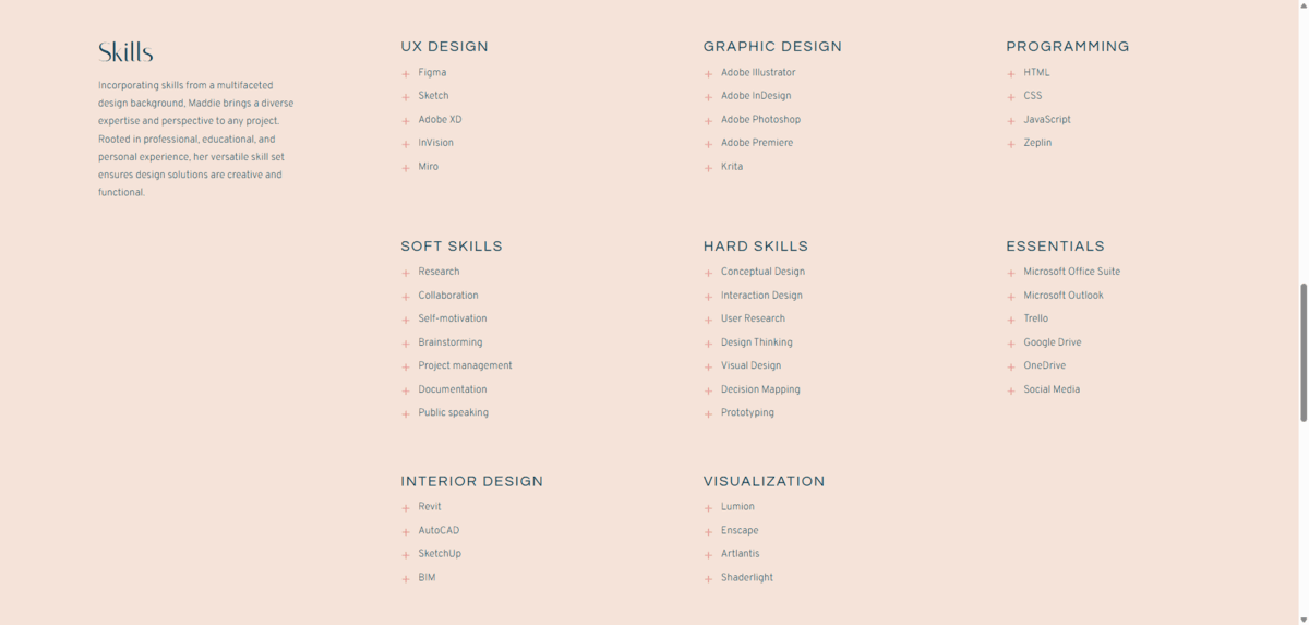 A look at the Skills section on the Maddie Harris website. The section is divided into 3 columns and 3 rows. There are anywhere from 4 to 7 skills listed under each category, like UX Design, Graphic Design, and Programming.