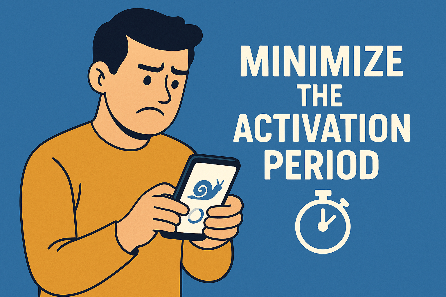 User shown frustrated by sluggish app loading. Test reads: minimize the activation period