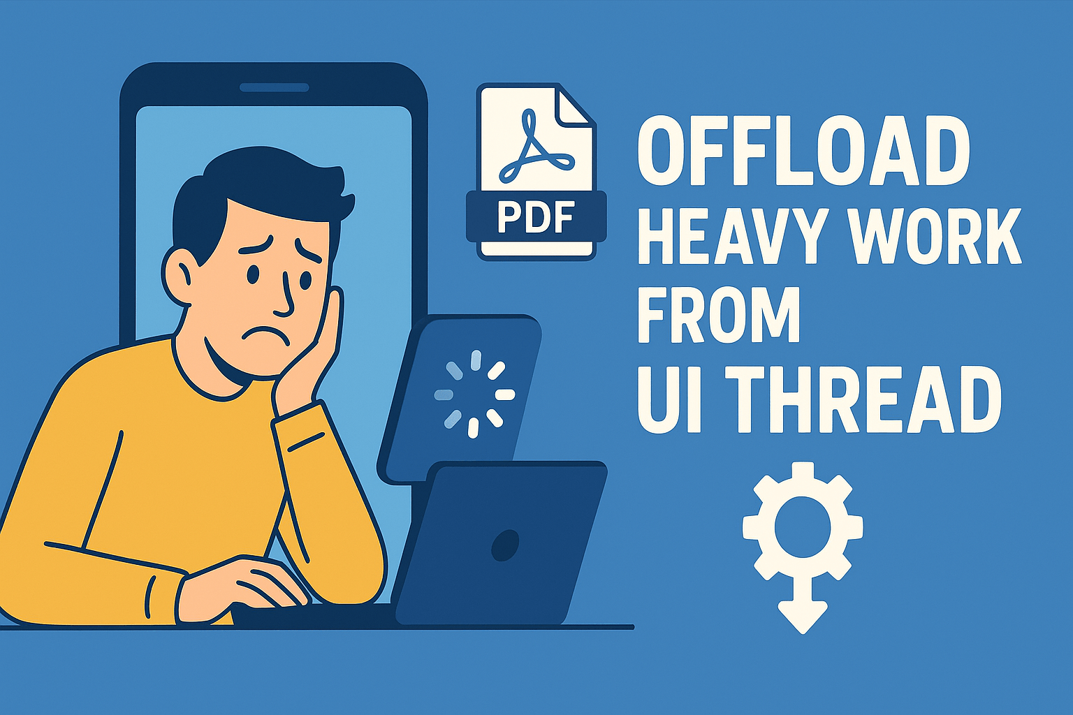 An illustration showing a user struggling with an application's user interface. The text reads: Offload the heavy work from the UI thread