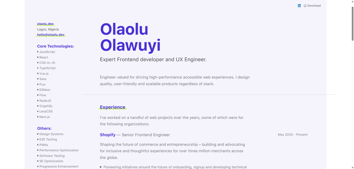 The online resume page of Olaolu Olawuyi. The page is designed with a purple color scheme, light purple for the background and a darker, brighter purple for heading text. This single-page resume details Core Technologies, Other Skills, as well as Experience.