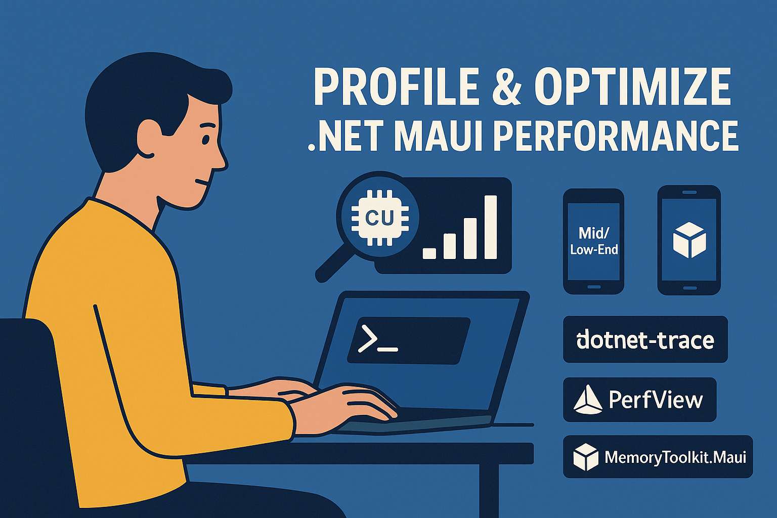 An illustration depicting a developer using profiling tools to optimize .NET MAUI applications. Text reads: Profile & optimize .NET MAUI performance