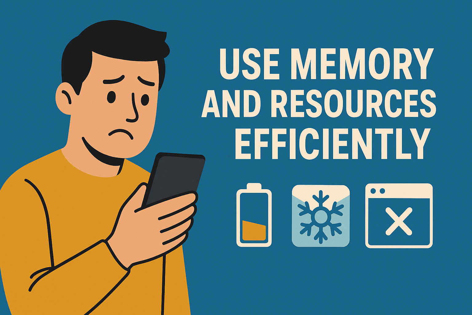 Illustration showing a person dealing with poor device performance. Text reads: use memory and resources efficiently